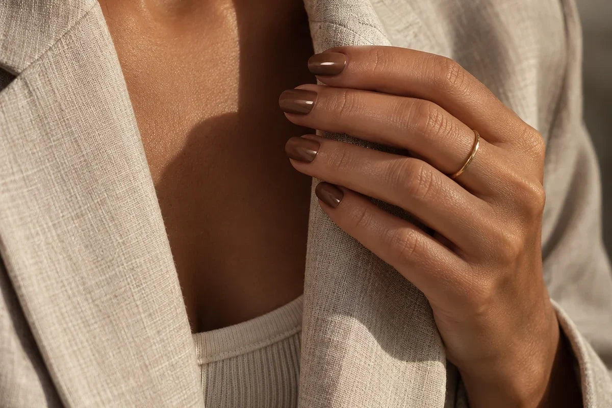 Braune Nägel Handbild: Hand am beigen Blazer