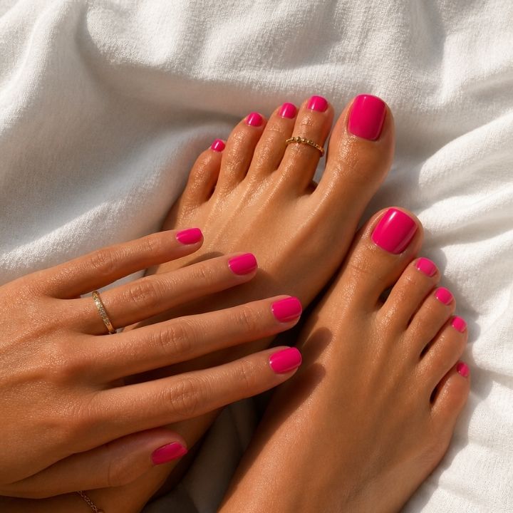 Neon Pinke Nägel auf den Händen und Füssen