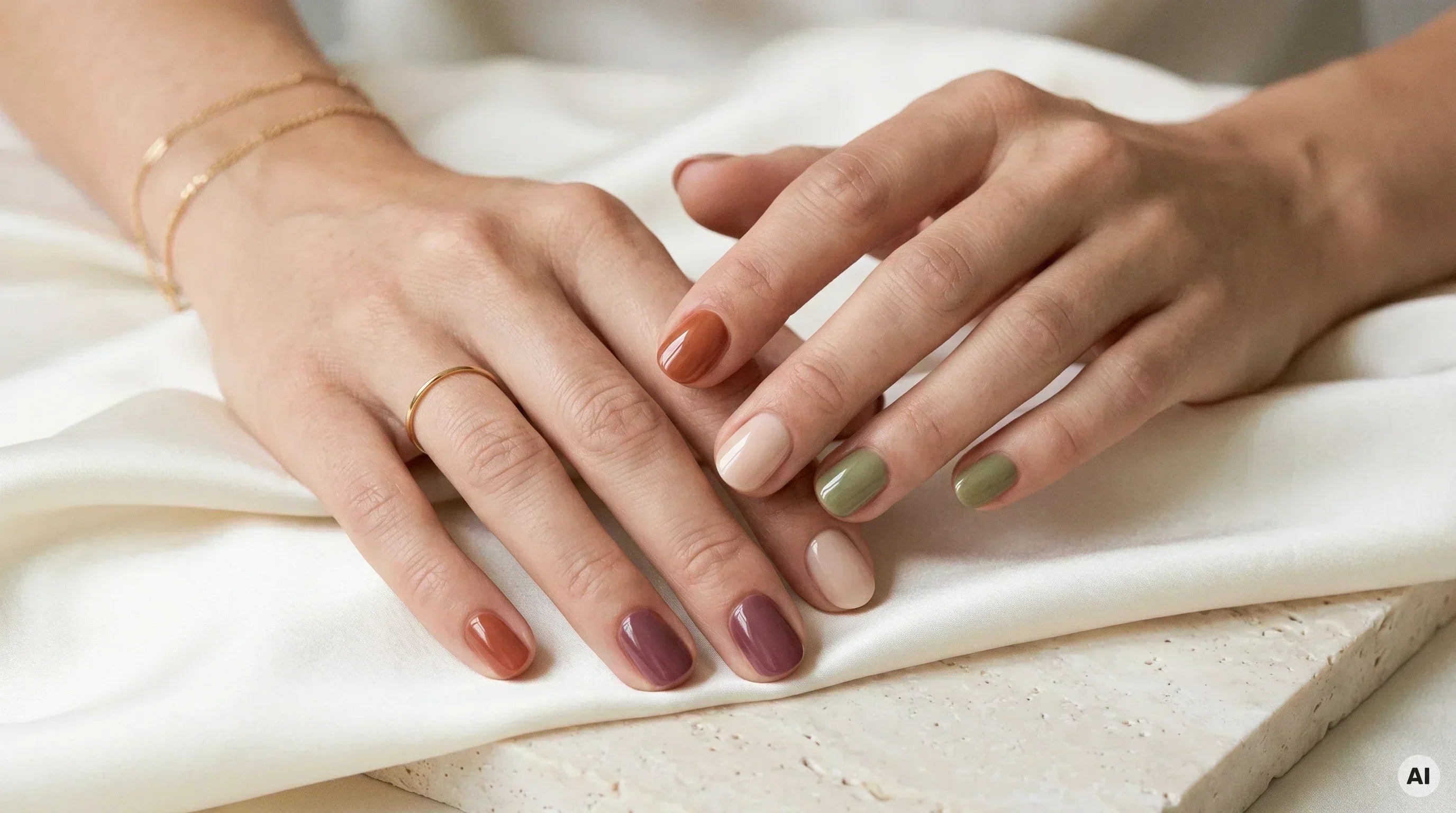 Nageldesign für den Spätsommer zeigt Terrakotta, Beerentöne, Oliv und Milky Nude bei weichem Tageslicht.