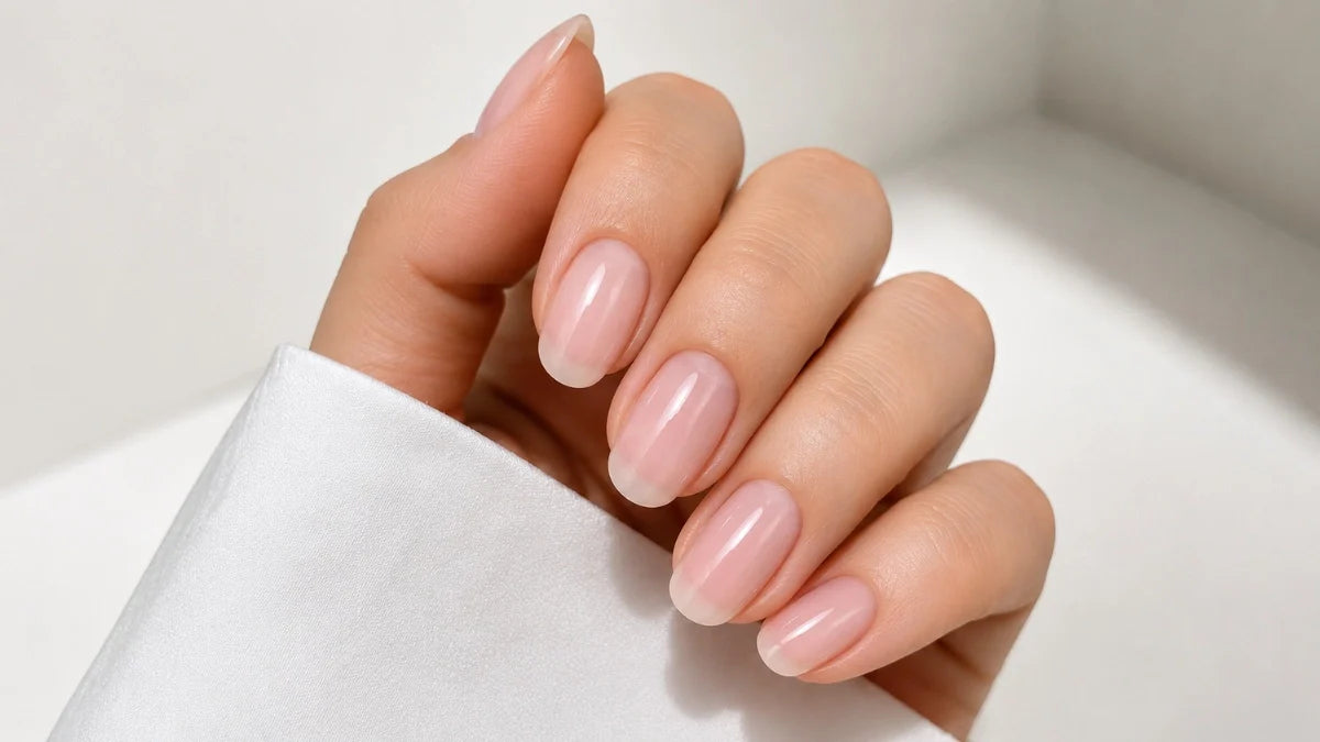 Alternative zu Gelnägeln mit UV-Nagelfolien. Handbild Nahaufnahme Gelnägel in Milky Stil.