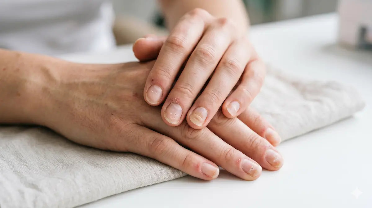 Psoriasis Naegel schoener Look mit Adamant Red UV-Nagelfolien