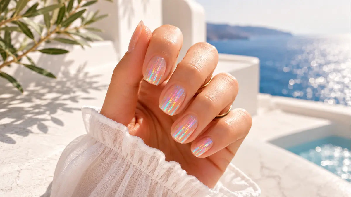 Minimalistische Soap Nails mit klaren UV-Nagelfolien und irisierendem Schimmer vor sommerlicher Urlaubskulisse am Meer von Uschy Pip.