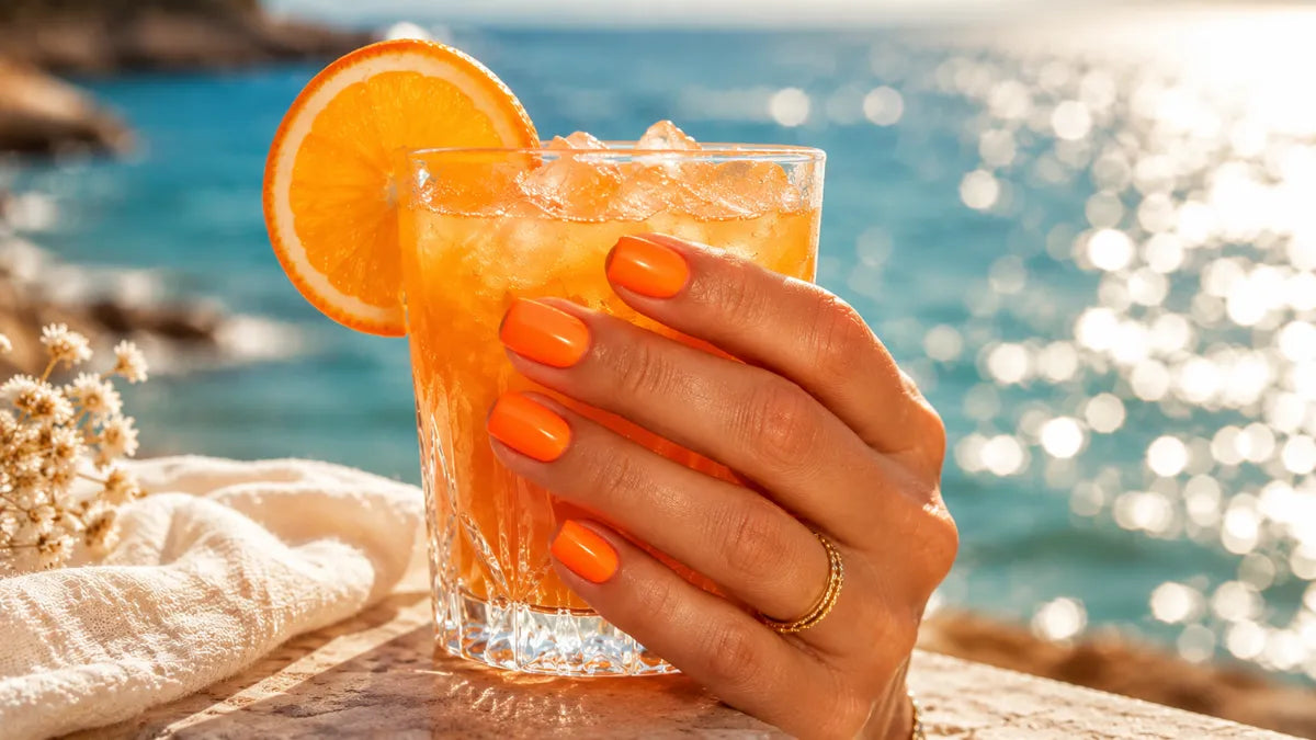 Perfekte Urlaubsnägel für den Sommer 2026 mit farbenfrohen MANIFIX UV-Nagelfolien am Strand von Uschy Pip.