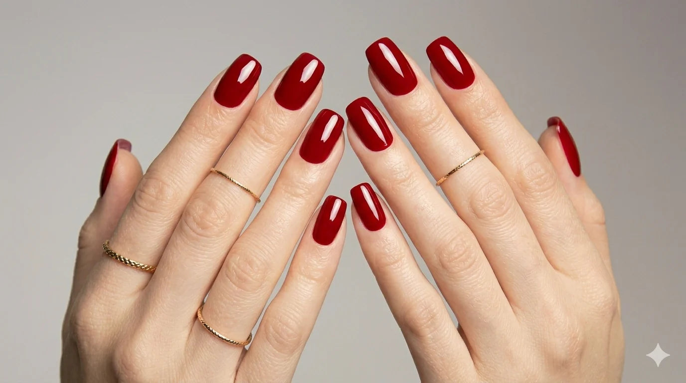 uv-nagelfolien von Manifix. Handbild rote Nägel gemacht mit roten UV-Nagelfolien.