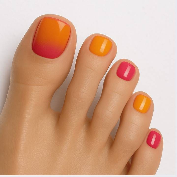 Mai Tai Rainbow UV-Nagelfolie von Manifix auf Fußnägeln – buntes Cocktail-Design als Pediküre